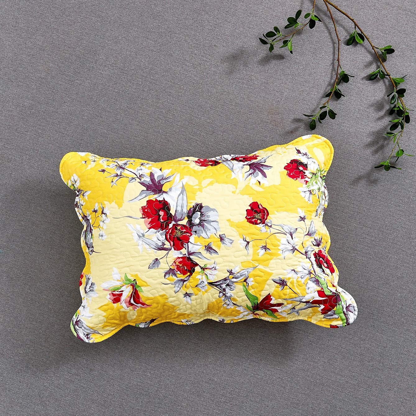 DaDa Bedding Radiant Sunshine Yellow Birds Floral Pillow Sham - Farmhouse Spring Time Hummingbirds Scalloped Edges - Colorful Red Botanical Garden Flowers - Queen Pillow Cover 20