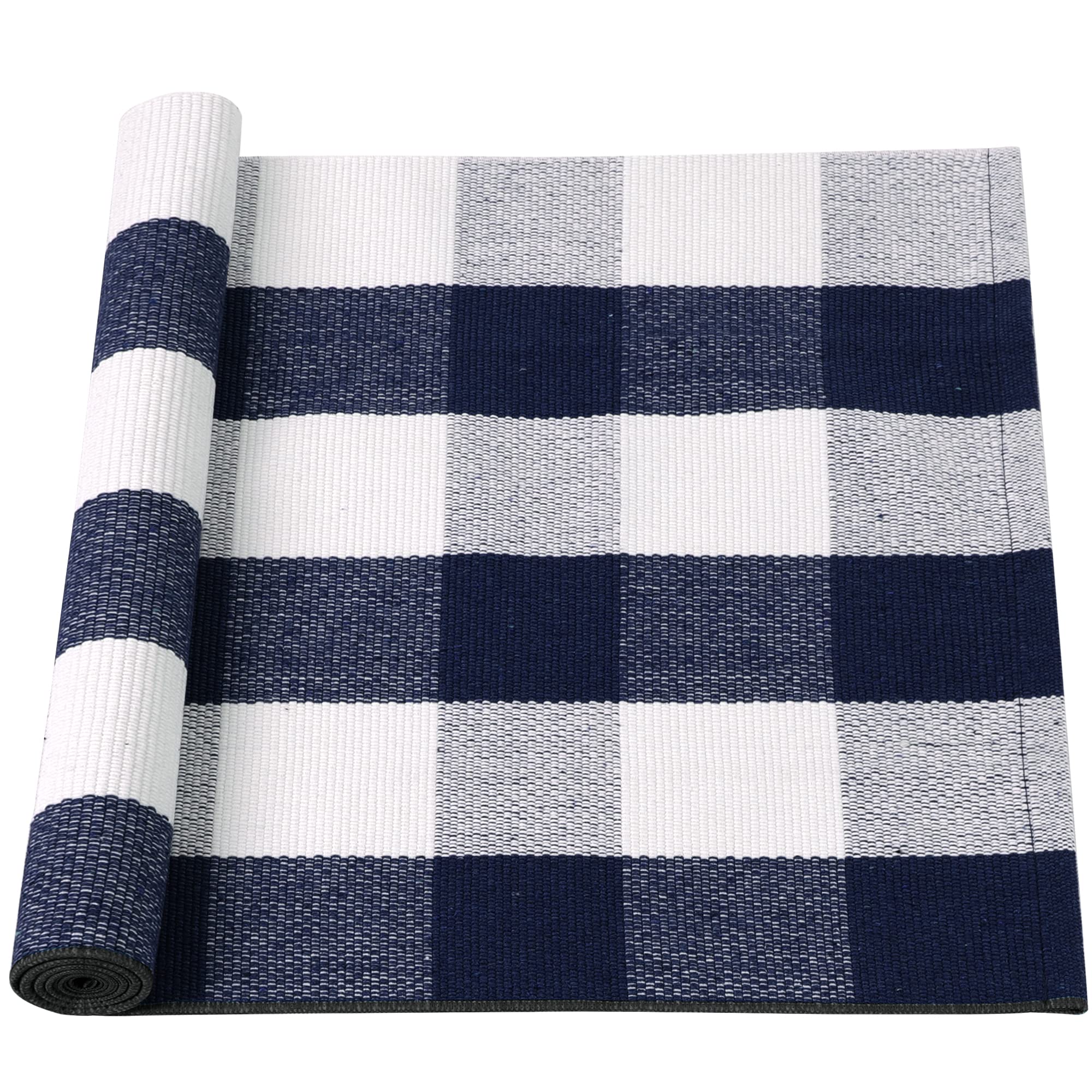 uxcell Cotton Plaid Area Floor Rugs Carpet Indoor Outdoor, Woven Washable Buffalo Checkered Mat Rugs, Retro Doormat Runner Rug for Front Porch/Kitchen Navy & White 51"x24"
