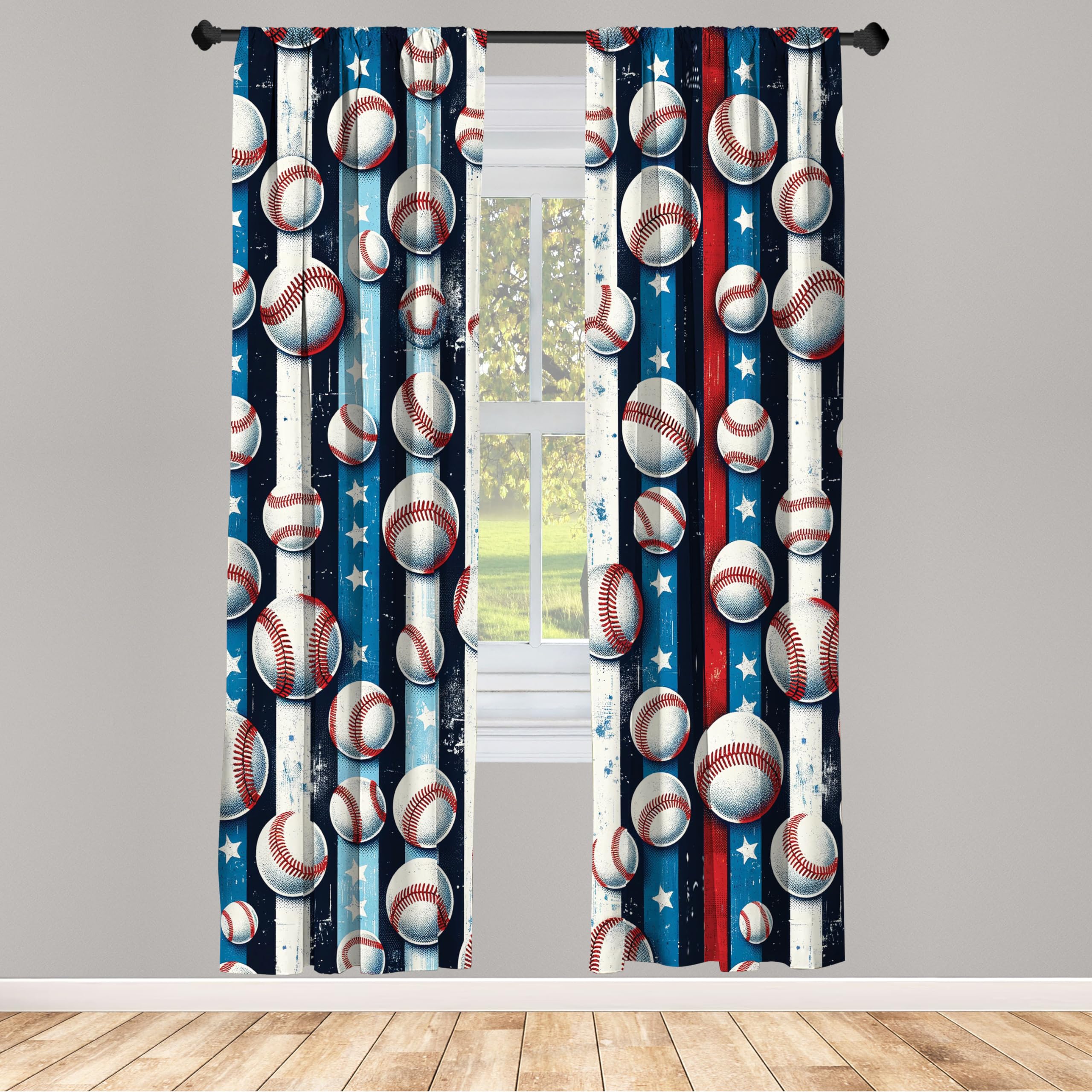 Ambesonne Baseball Window Curtains, 4th of July Theme Traditional USA Stars Stripes Back with Ball Pattern, Lightweight Decorative 2-Panel Set & Rod Pocket, Pair of - 28
