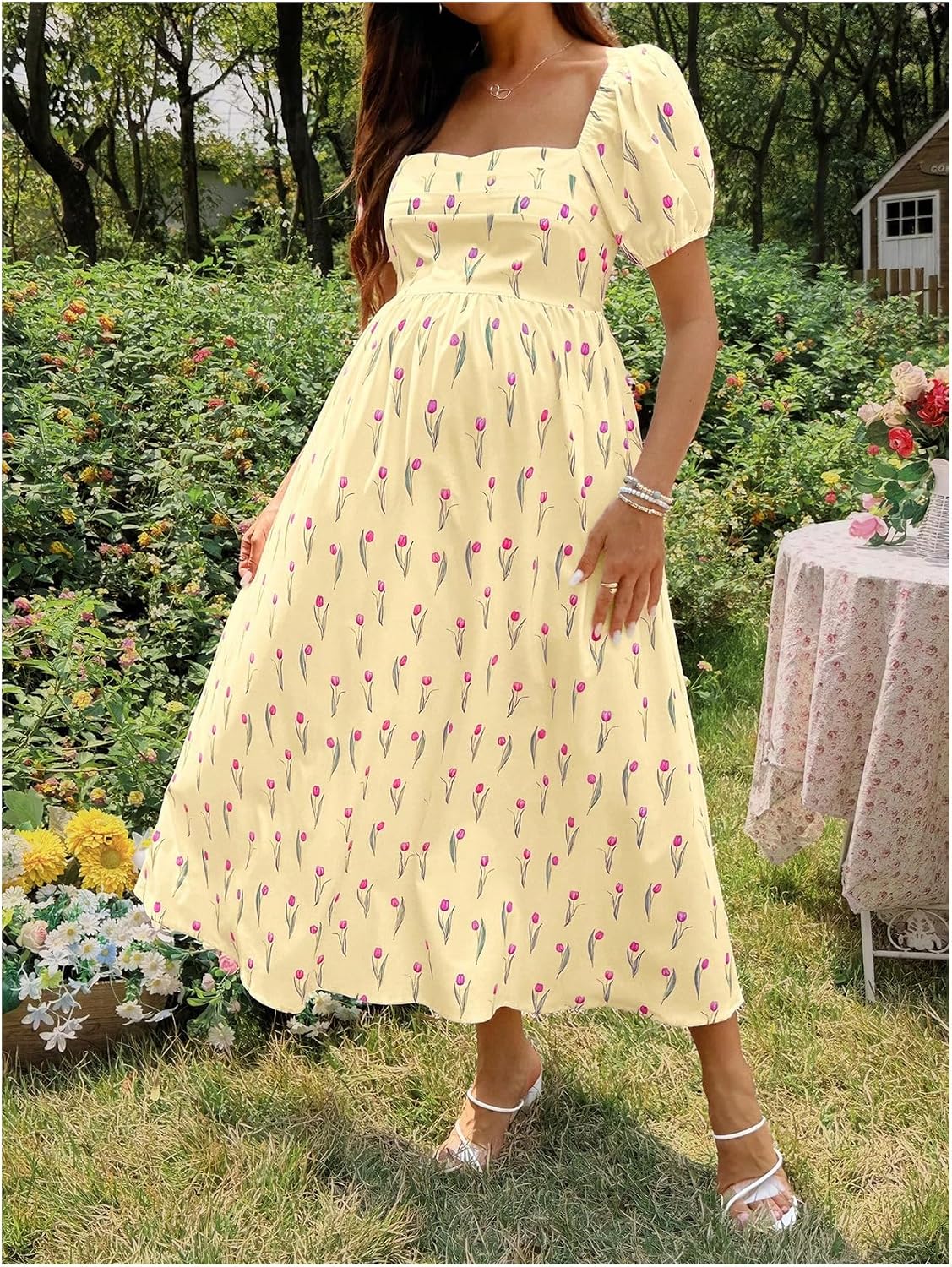 Floerns Women's Floral Maternity Dress Square Neck Puff Sleeve Shirred A Line Long Pregnancy Dresses
