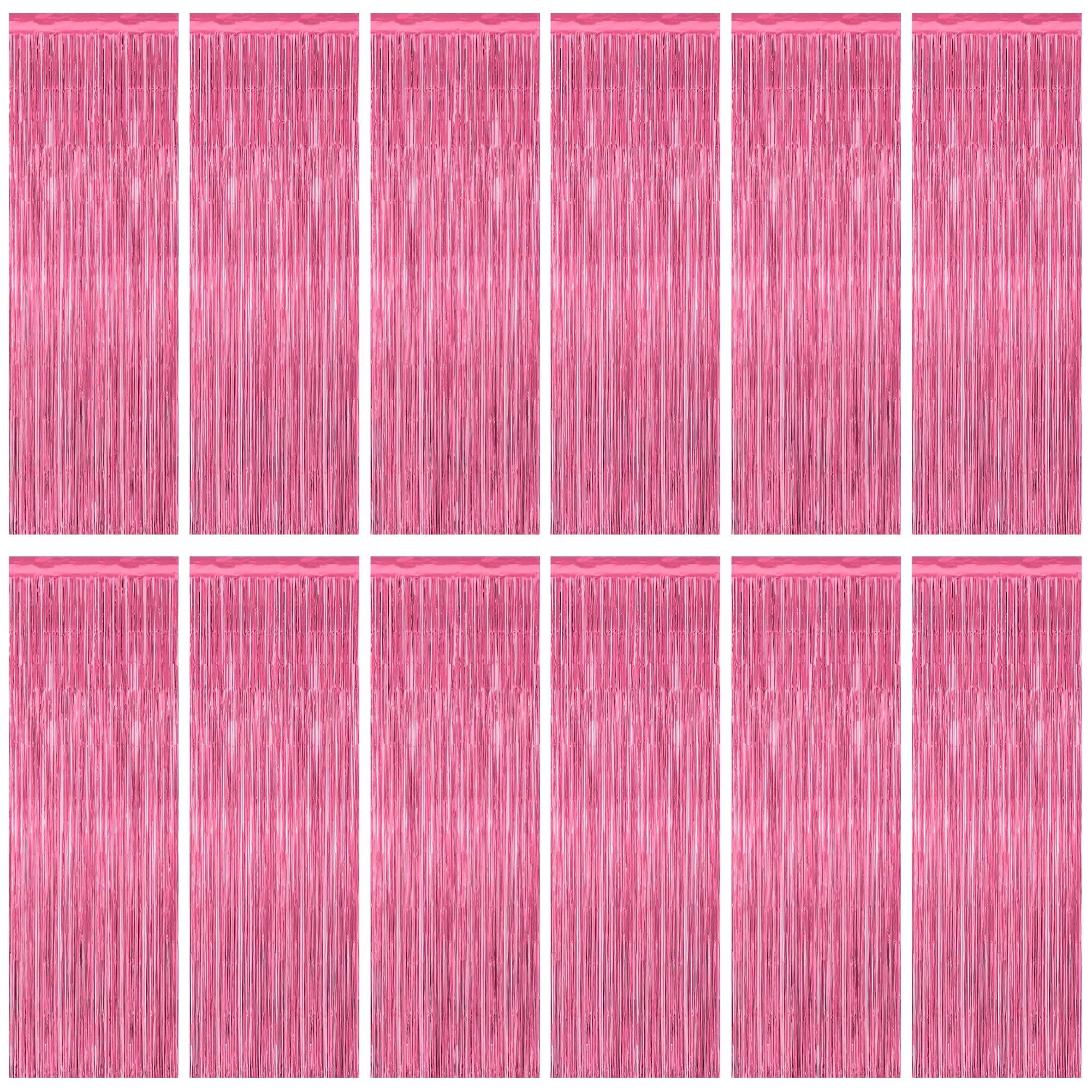 ZATAYE 12 Pack Pink Backdrop, 3.28 FT x 7.05 FT Foil Fringe Curtains, Metallic Pink Tinsel Curtain Party Streamer Birthday Backdrop for Girl, Valentines Day Decorations Bachelorette Party Supplies