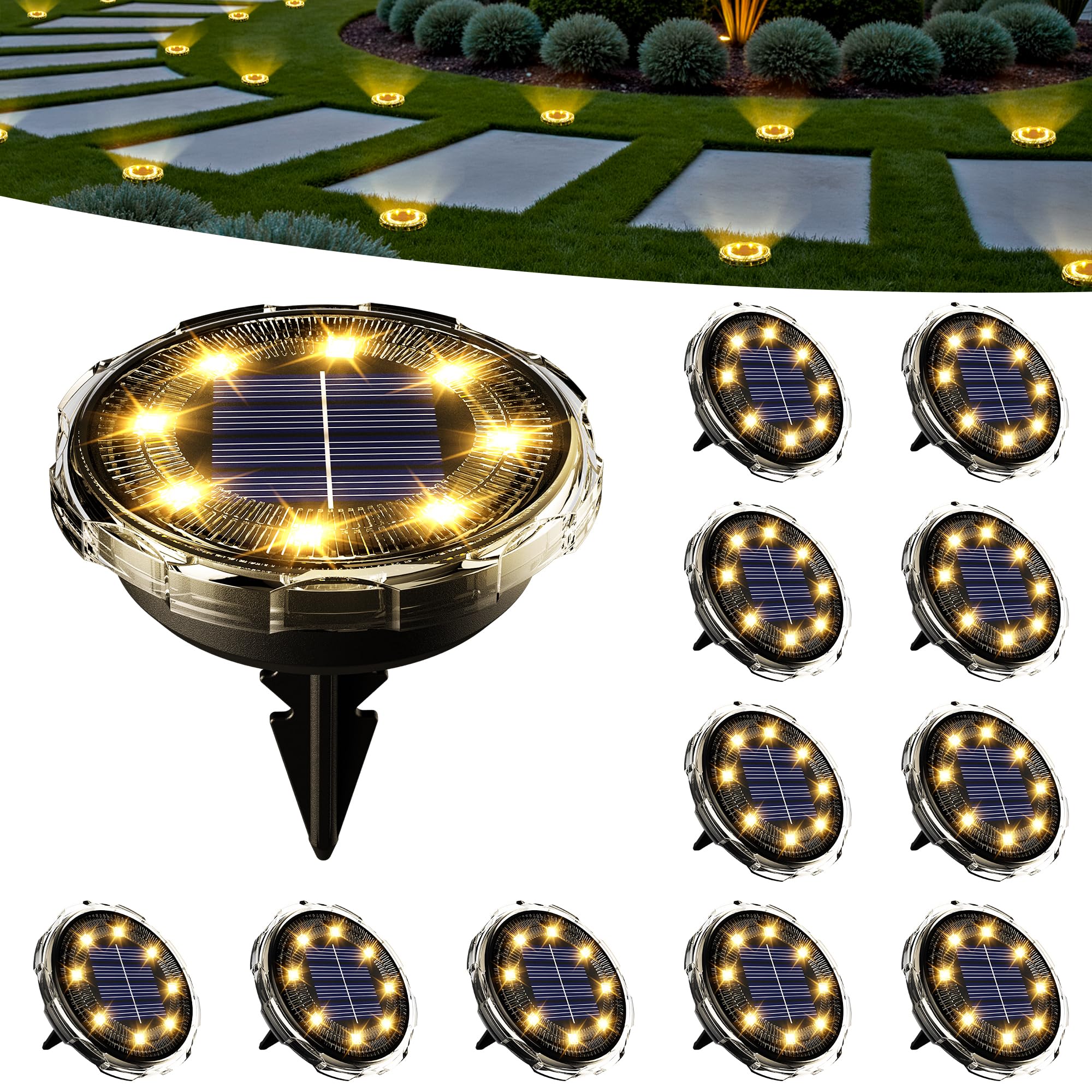 TYHBRV Solar Ground Lights 12 Pack, Solar Pathway Lights Outdoor Waterproof, Landscape Lighting for Garden, Walkway, Driveway, Yard, Deck, Patio, Swimming Pool (Cool White)(Warm White,12 Pack)