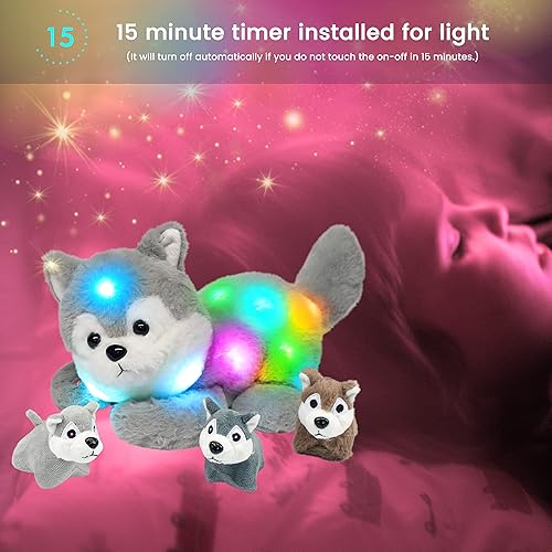 Miniatura 8 de Hopearl Husky de peluche con luz LED para mamá con 3 cachorros en su vientre juego de luces nocturnas que brillan en la oscuridad regalos para niños