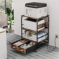 Homeiju Extra Large 3-Tier Printer Stand with 2 Fabric Drawers, 4 Adjustable Heights, Rolling Cart for Printers Scanners - Rustic Black Brown