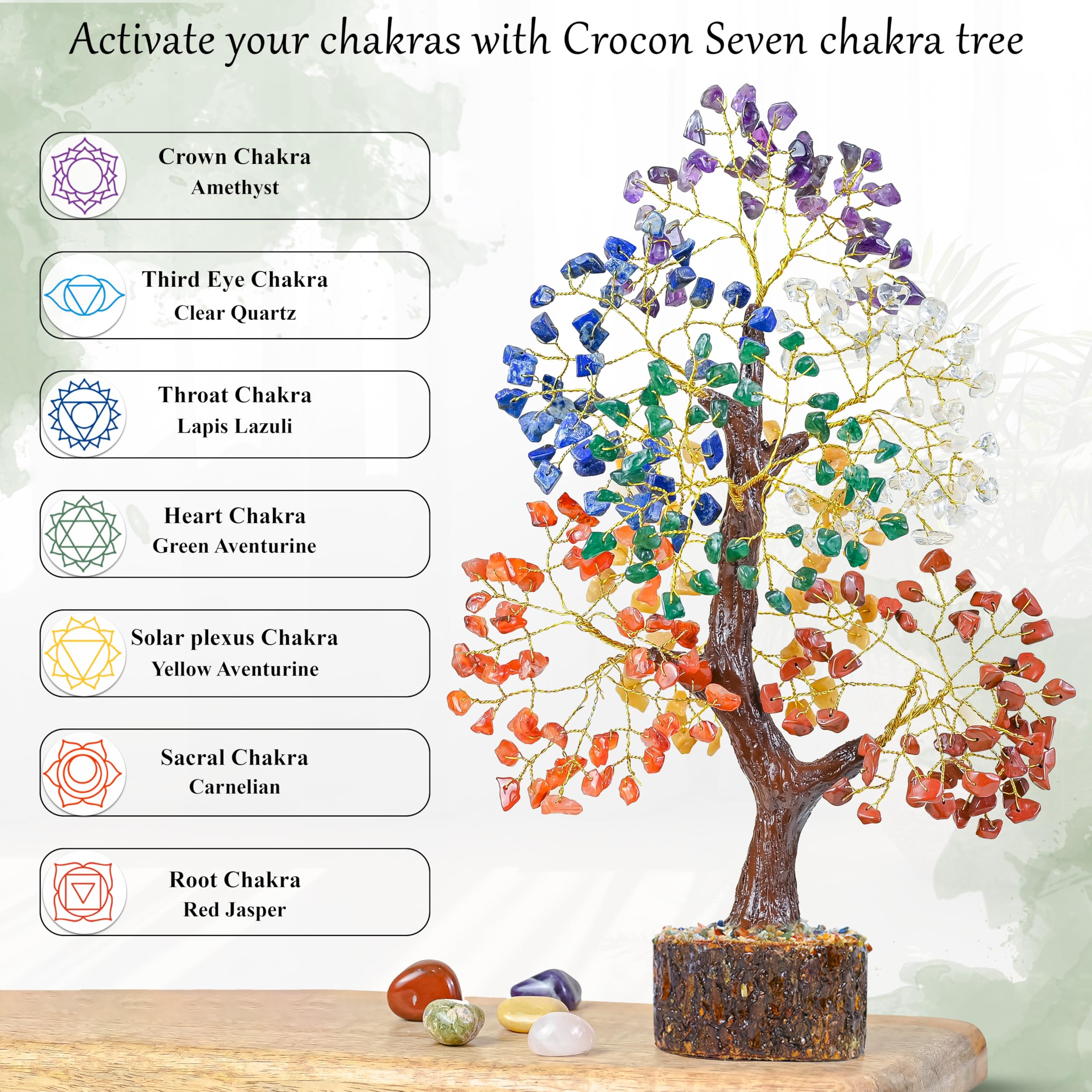 Crocon Albero della vita in cristallo curativo con tronco naturale, 7 chakra, pietra preziosa per buona fortuna, energia positiva, guarigione Reiki e decorazione per ufficio, donne,