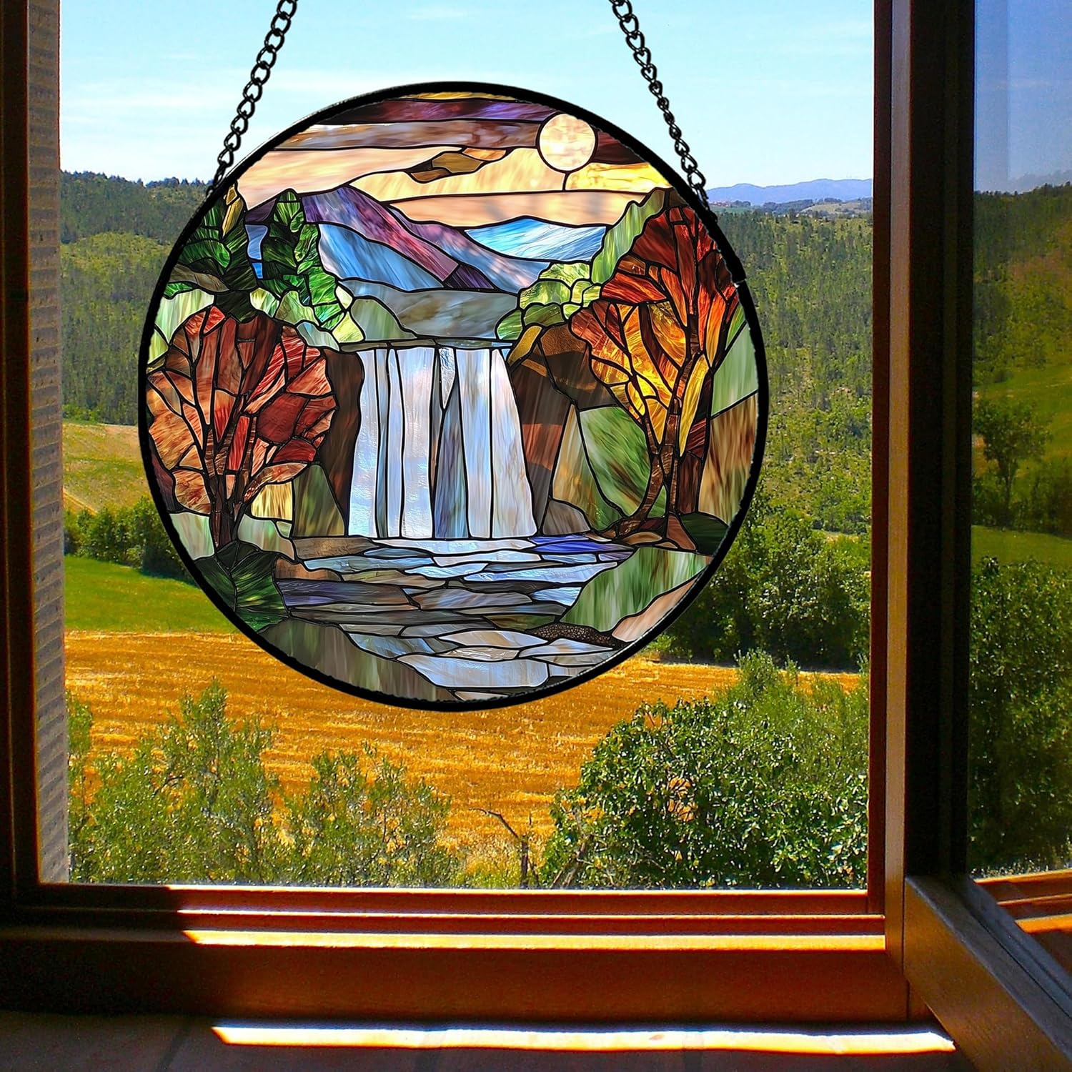 Stained Glass Window Hanging, Abstract Landscape Waterfall Mountains Trees Suncatcher for Doors Window Home Sun Catchers Decor Mother's Day Birthday Gifts for Women Men Mom 7.8 in - Image 4