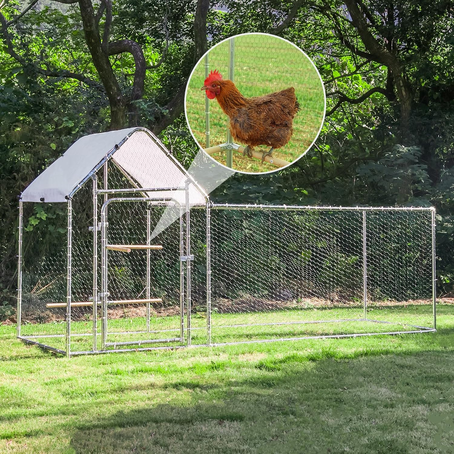 Large Metal Chicken Coop Run with Climbing Frame, Outdoor Walk-in Poultry Cage with Waterproof&Anti-UV Cover for Outdoor Backyard Farm, Silver (118" L x 39.4" W x 59" H)