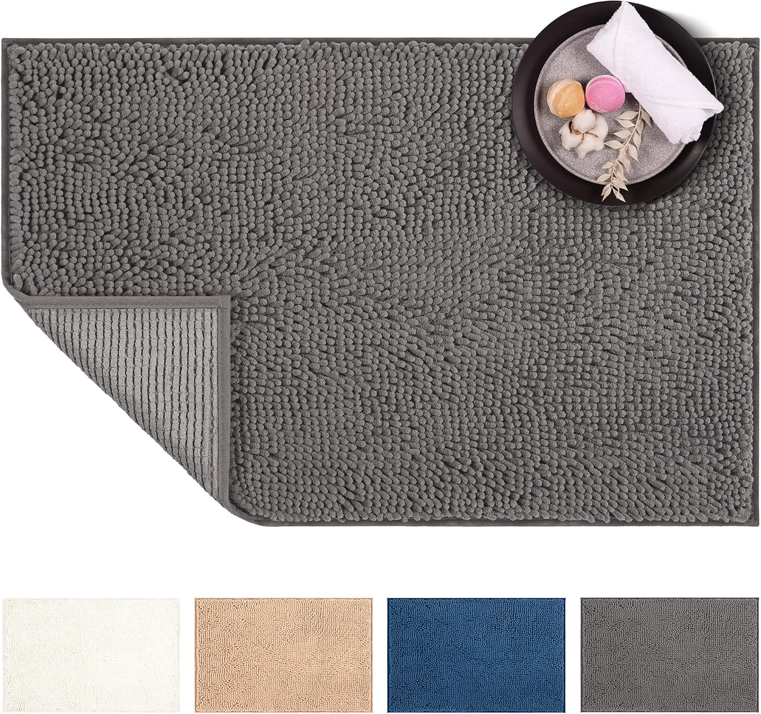Luxury Chenille Bathroom Rugs with Non Slip Bath Mat for Tub Bottom, Kids Bath Rugs for Bathroom with Water Absorbent Mat Piles, Machine Washable Rug and Quick Drying Mat (17" x 24", Solid, Gray) : Home & Kitchen