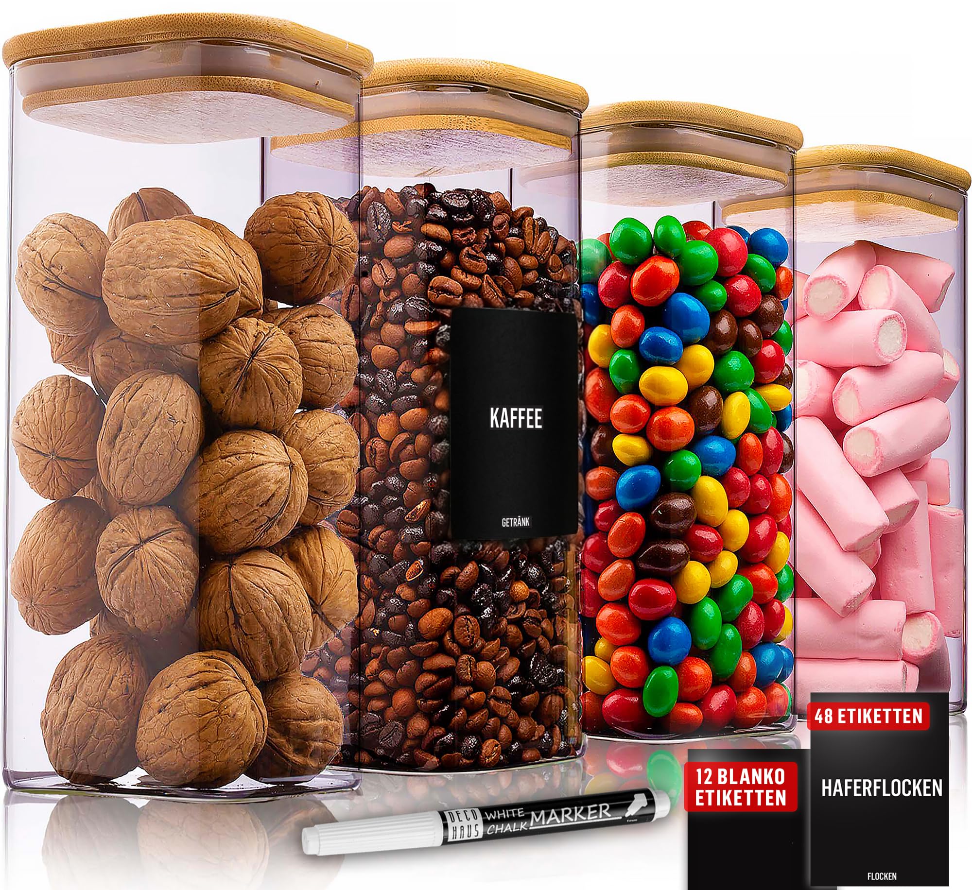 Deco haus® Vorratsgläser mit Deckel Luftdicht 4er Set [+ Etiketten] - Vorratsdosen Glas mit Deckel Luftdicht - Aufbewahrungsgläser Küche - Vorratsbehälter Glas Eckig - Aufbewahrungsglas - 4x1600ml