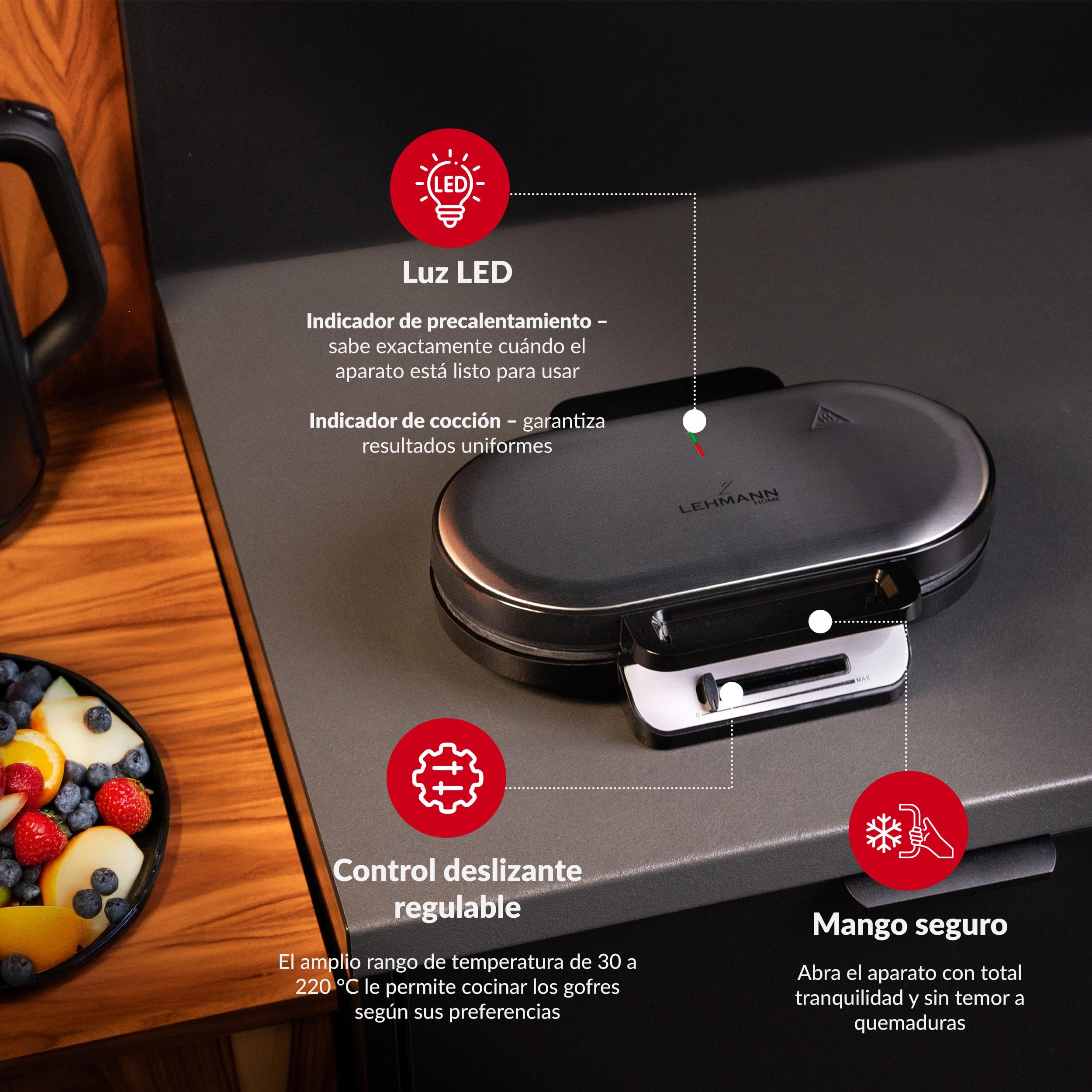 LEHMANN Gofrera Corazon Doble - Waffle Maker para 10 Gofres de Corazón Clásicos - Maquina de Gofres con 2 Superficies Antiadherentes - Control de Temperatura - 1200 W - Negro/Plateado