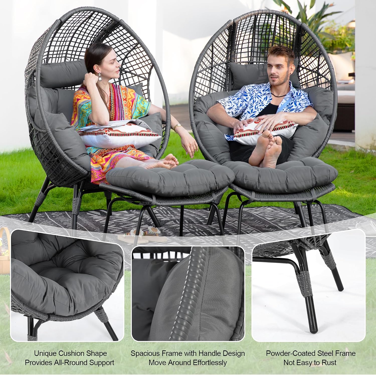 FINCATI Delicated Outdoor Indoor Wicker Egg Chair with Footrest, Oversized 440 lbs Egg Basket Cocoon Chair with Ottoman, PE Rattan Patio Stationary Cushioned Lounge Chair for Balcony Living Room