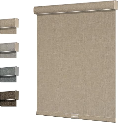 Boolegon Persianas enrollables opacas para ventanas, persianas enrollables sin cordones de tela de lino con cenefa de cassette, aislamiento térmico,