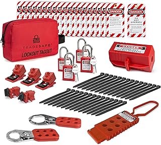 TRADESAFE Electrical Lockout Tagout Kit - Hasps, Clamp on and Universal Multipole Circuit Breaker Lockouts, Loto Tags, Plug Lockout, Loto Locks Set (2 Keys Per Lock) for Safe Electrical Lockouts Red