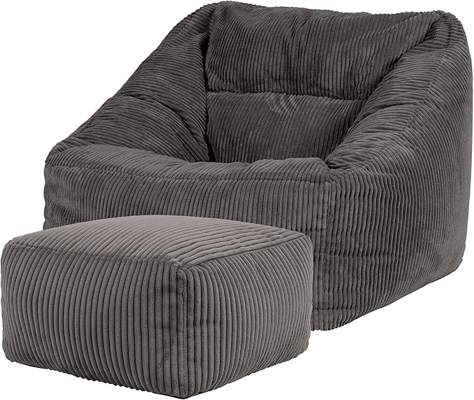 Icon Pouf Fauteuil en Velours Côtelé et Tabouret, XXL Pouf Geant