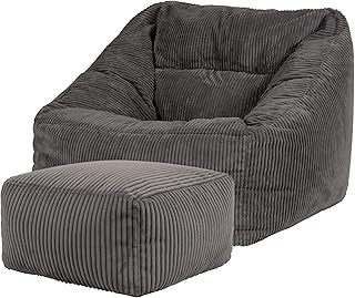 icon Morgan Cord Bean Bag Chair and Footstool, Charcoal Grey, Giant Bean Bag Armchair, Large Bean Bags for Adult with Fill...