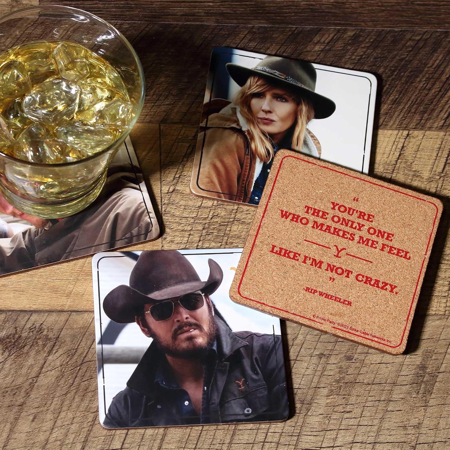 Yellowstone (Set of 8) Cork-Back Rigid Drink Coasters, Featuring Show Characters and Quotes, Television Series, Beth Dutton, Rip Wheeler, and More