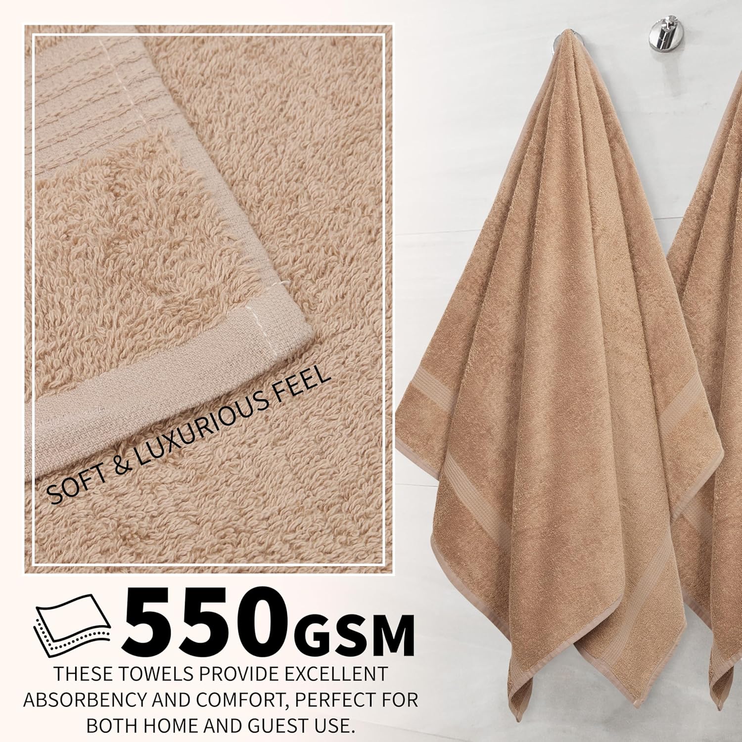 CityComfort Bath Towels Set of 4 100% Cotton 29.5 × 53.1" 550 GSM Lightweight Highly Absorbent Fluffy Bathroom Towels Household Essentials (Brown - 4 Pcs)