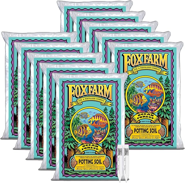 FoxFarm Ocean Forest Potting Soil w/ 2 Plant Tags, 1.5cu ft (10 Pack) | Light, Aerated Texture with Fish Meal, Crab Meal, Earthworm Castings, Ready-to-Use Potting Mix for Seedlings & Plant Starts