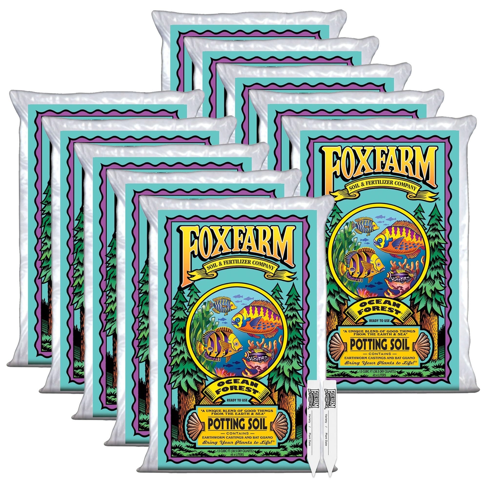 FoxFarm Ocean Forest Potting Soil with 2 Plant Tags, 1.5cu ft (10 Pack)
