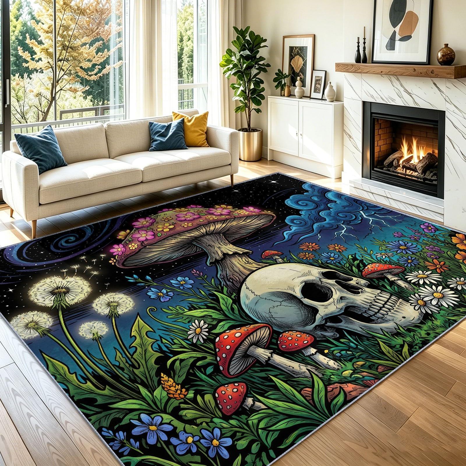 Tapis de Sol Jardin Gothique - Lavable en Machine Antidérapant Tapis à Poils Courts - Crâne Champignon Fleur Sauvage - Doux Moquette pour Chambre Salon Salle a Manger Bureau Bleu Vert 90x150 cm