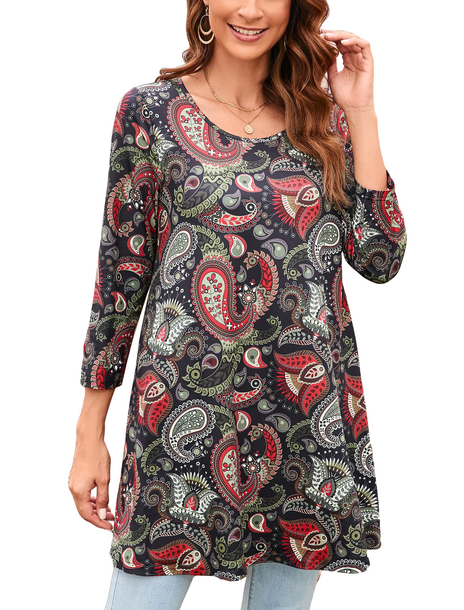 ENMAIN Women's Tunic Top 3/4 Sleeve Plus Size Tunic Tops to Wear with Leggings Ladies Casual Swing Dressy Blouses