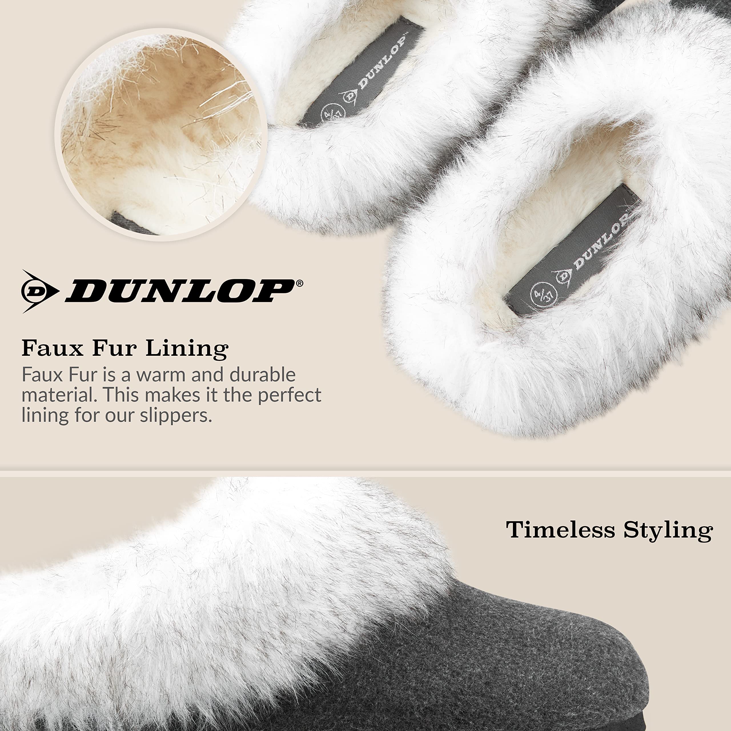 DUNLOP Pantofole Donna, Ciabatte Pelose Donna Invernali da Casa Antiscivolo con Suola in Gomma