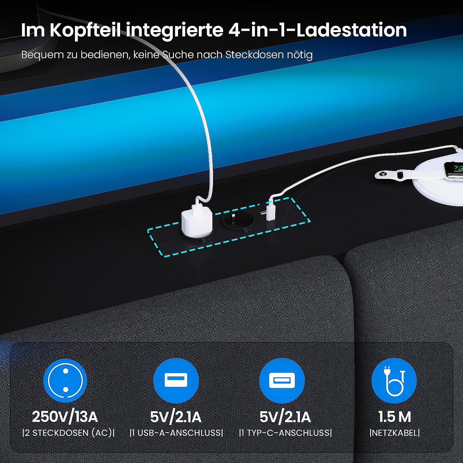 Brinlawb Schwebebett Polsterbett 90x200 cm mit LED-Beleuchtung und Ladestation (2 Steckdosen, 1 USB-A, 1 USB-C) Polsterkopfteil mit offenem Regal und verstecktem Stauraum, Jugendbett 90x200 cm Grau