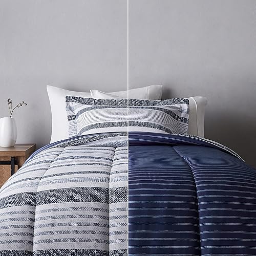 Amazon Basics Ultra-Soft Lightweight Microfiber Reversible Comforter 2-Piece Bedding Set, Twin/Twin XL, Blue Denim/Beige Stripes, Striped