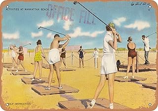 7 x 10 METAL SIGN - New York Postcard - Activities at Manhattan Beach, N. Y. Golf instruction - Vintage Rusty Look