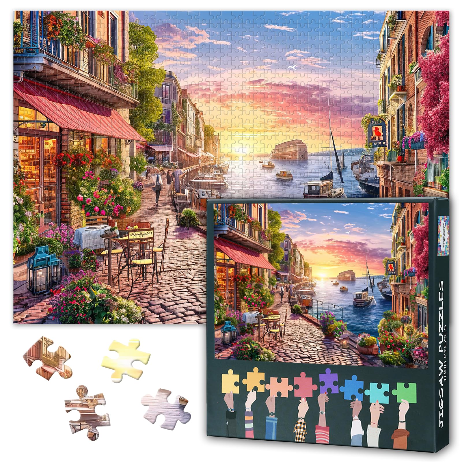 1000 Piece Jigsaw Puzzles for Adults, Romantic Cityscape Architecture with Vibrant Street, Premium Puzzle 1000 Pieces