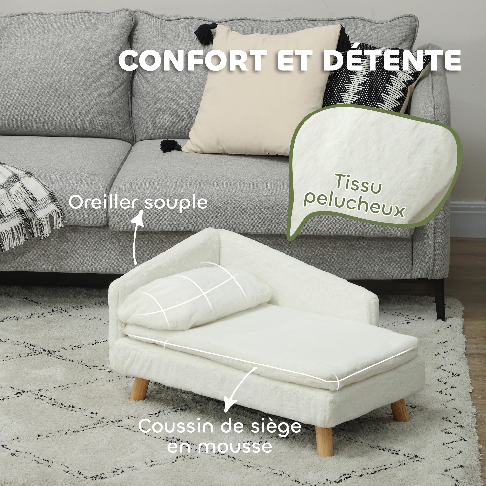 PawHut Canapé pour Chien, lit pour Chien Chat, avec Coussin Moelleux, Oreiller, Housses Amovibles et lavables, en Peluche, 70l x 42,5P x 38,5H cm, crème