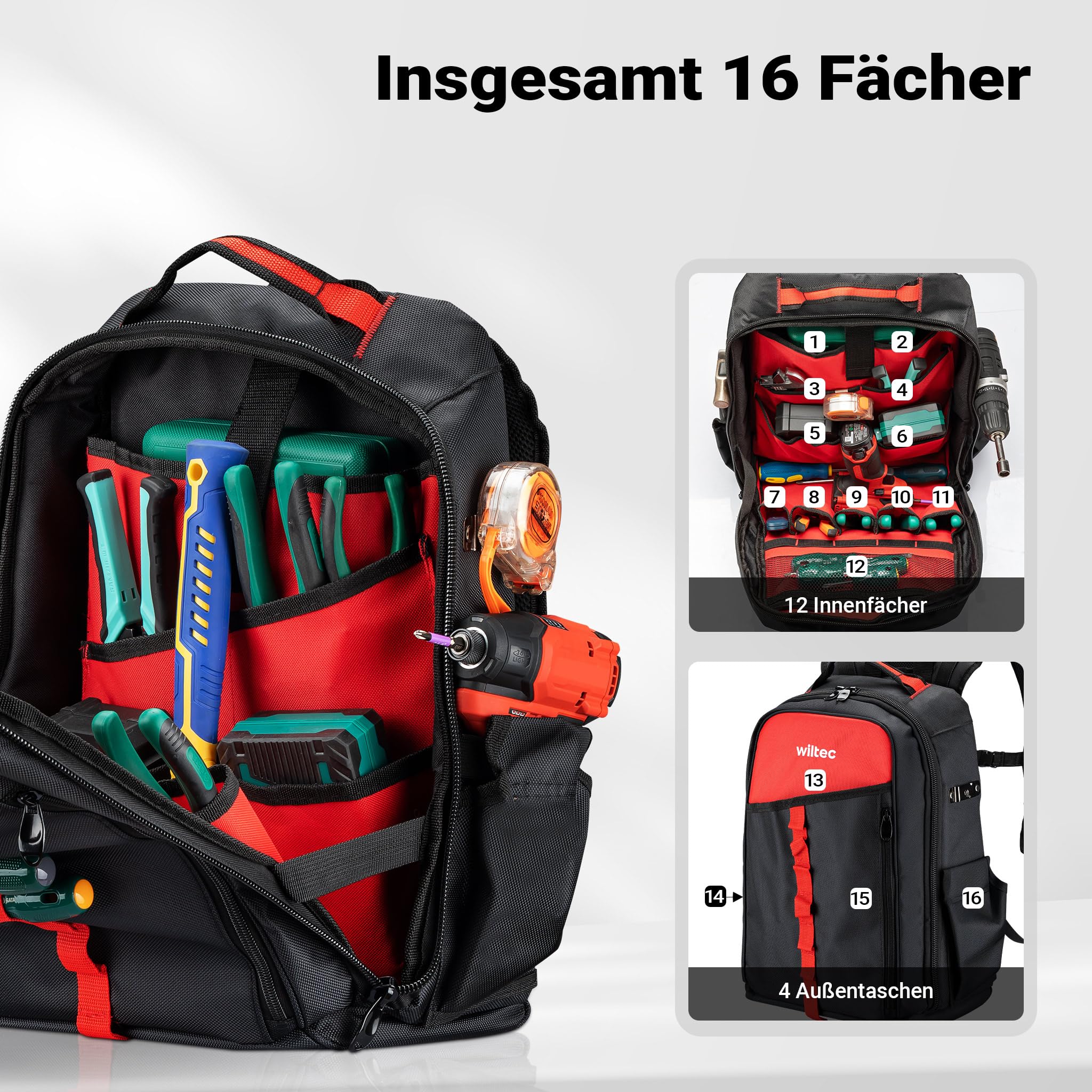 Wiltec Werkzeugrucksack 33 x 20 x 43 cm bis 30 kg, Werkzeug Tasche 16 Fächer, Werkzeug Rucksack gepolstert, robuste Werkzeugtasche