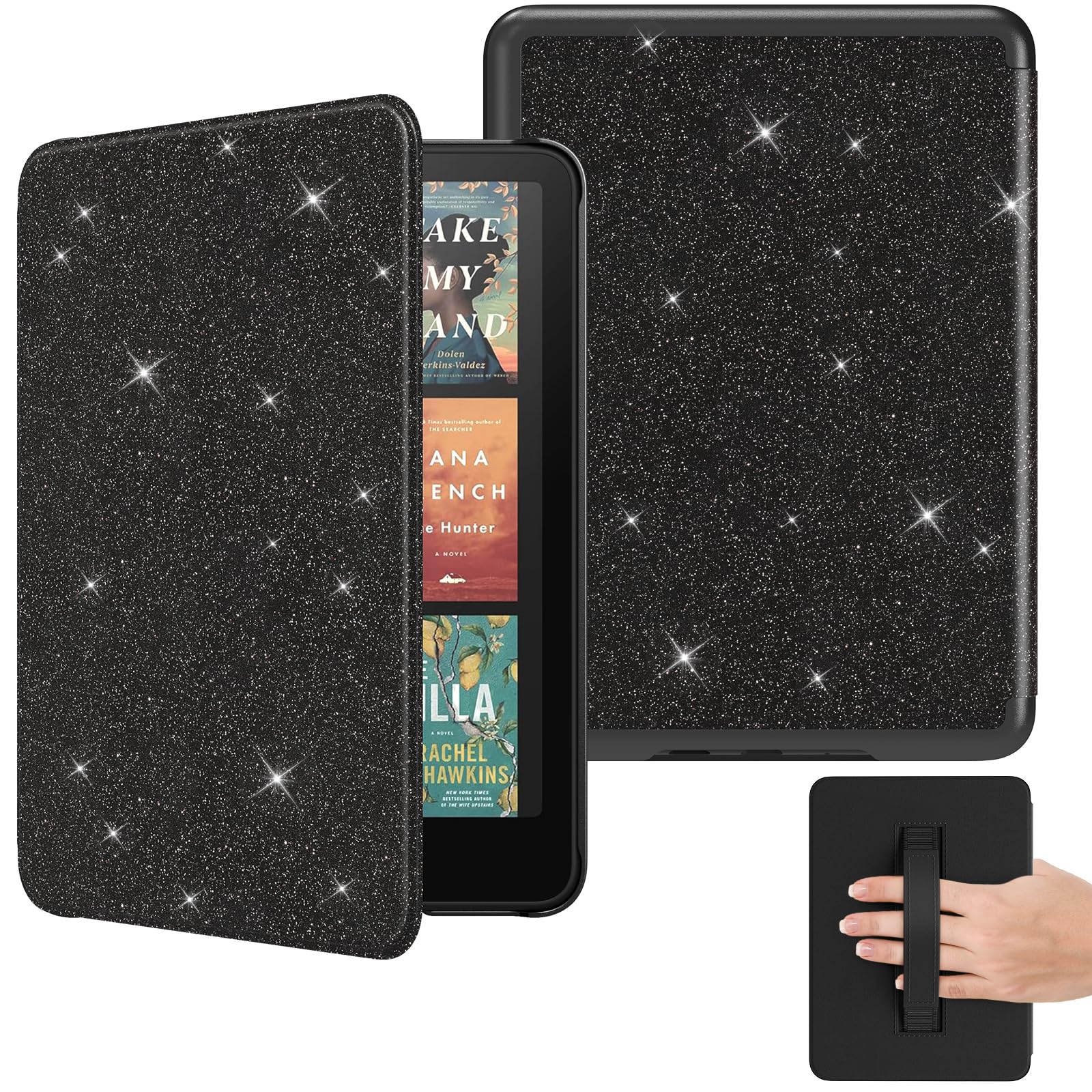 Close-up of the MoKo E-reader case showcasing its 'Black & Glitter' texture and integrated hand strap.