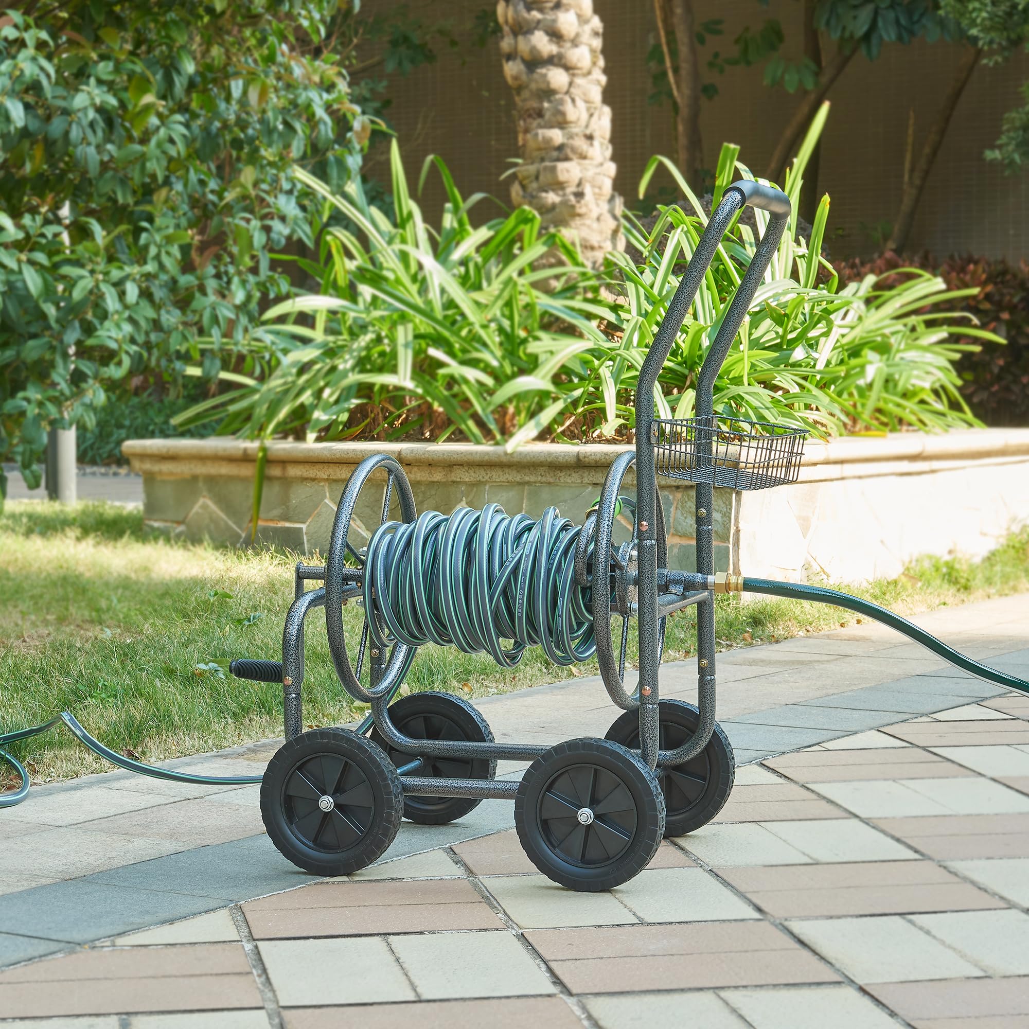 pro.tec Schlauchwagen für 3/4 Zoll Schlauch bis zu 65 m Metall Gartenschlauchwagen ohne Schlauch Schlauchtrommel mit Reifen rollbar Schlauchaufroller mit Handkurbel 84 x 48 x 93 cm Grau