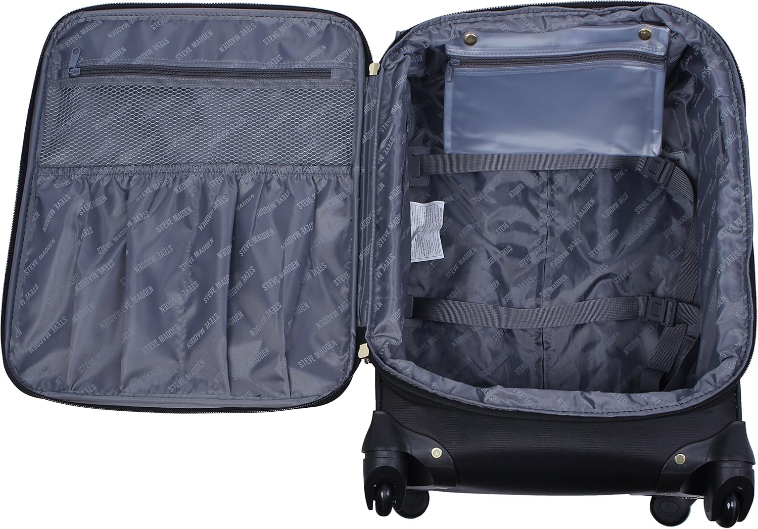Steve Madden Designer-Gepckkollektion Leichter Softside-Koffer fr Damen und Herren strapazierfhige 50,8 cm groe Tragetasche mit 4 rollenden Spinner-Rdern, Rockstar Black, 20in, Carry on Bag With