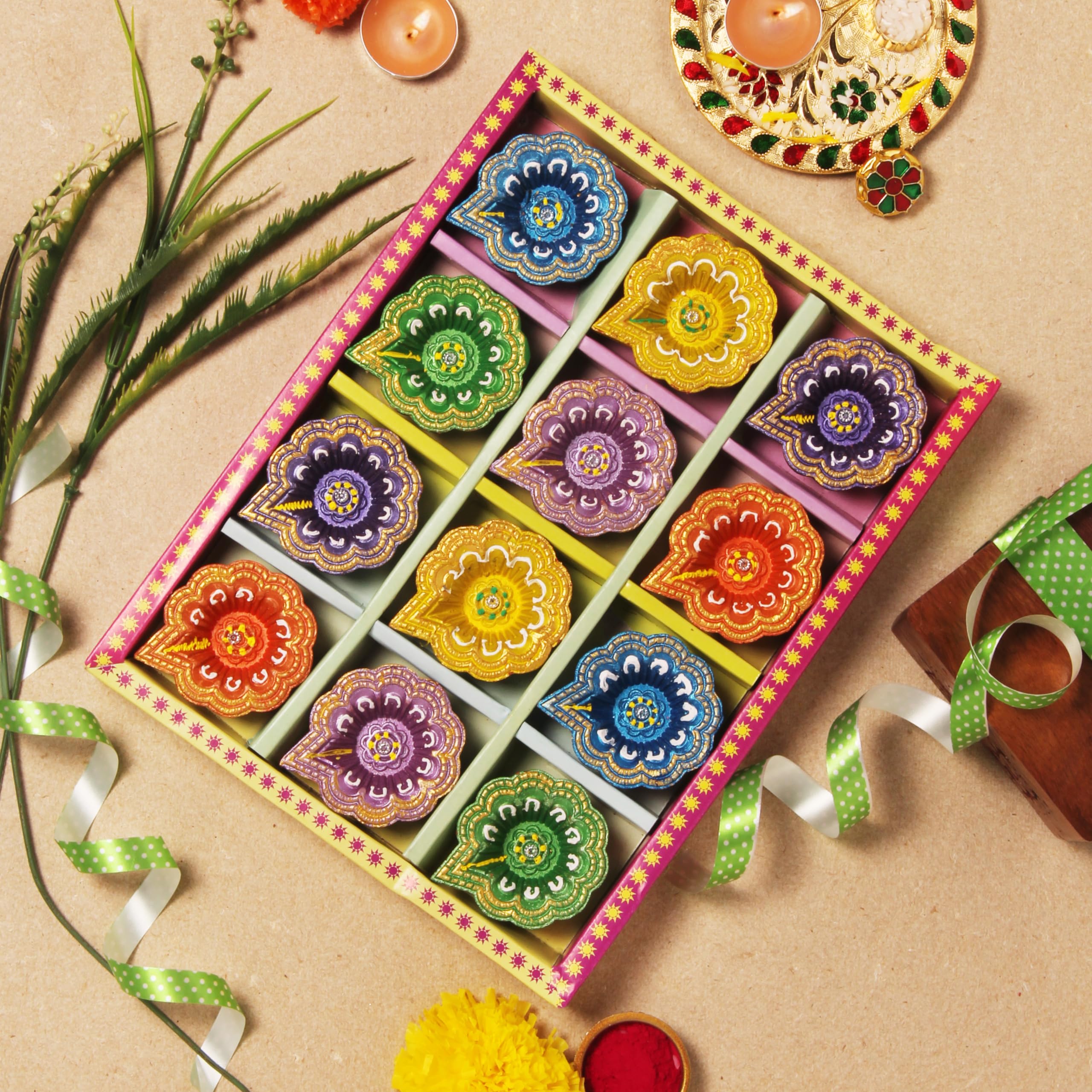 Handmade Terracoaat Set of 12 Multicolor Clay Diya for Diwali/Navratri Decorations Oil Lamp Diya Tea Light Holder Indian Decor Festival Gifts Puja Items-01DA (Multi)