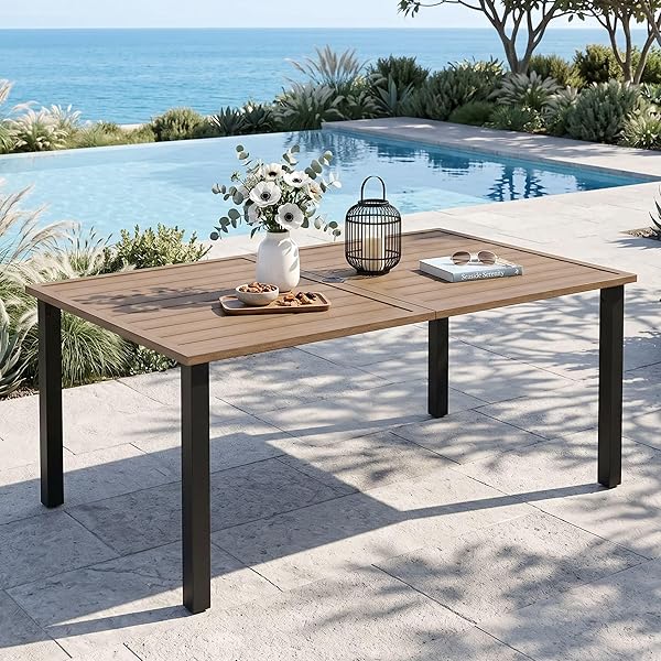 Rectangular Metal Table with Wood-Like Top