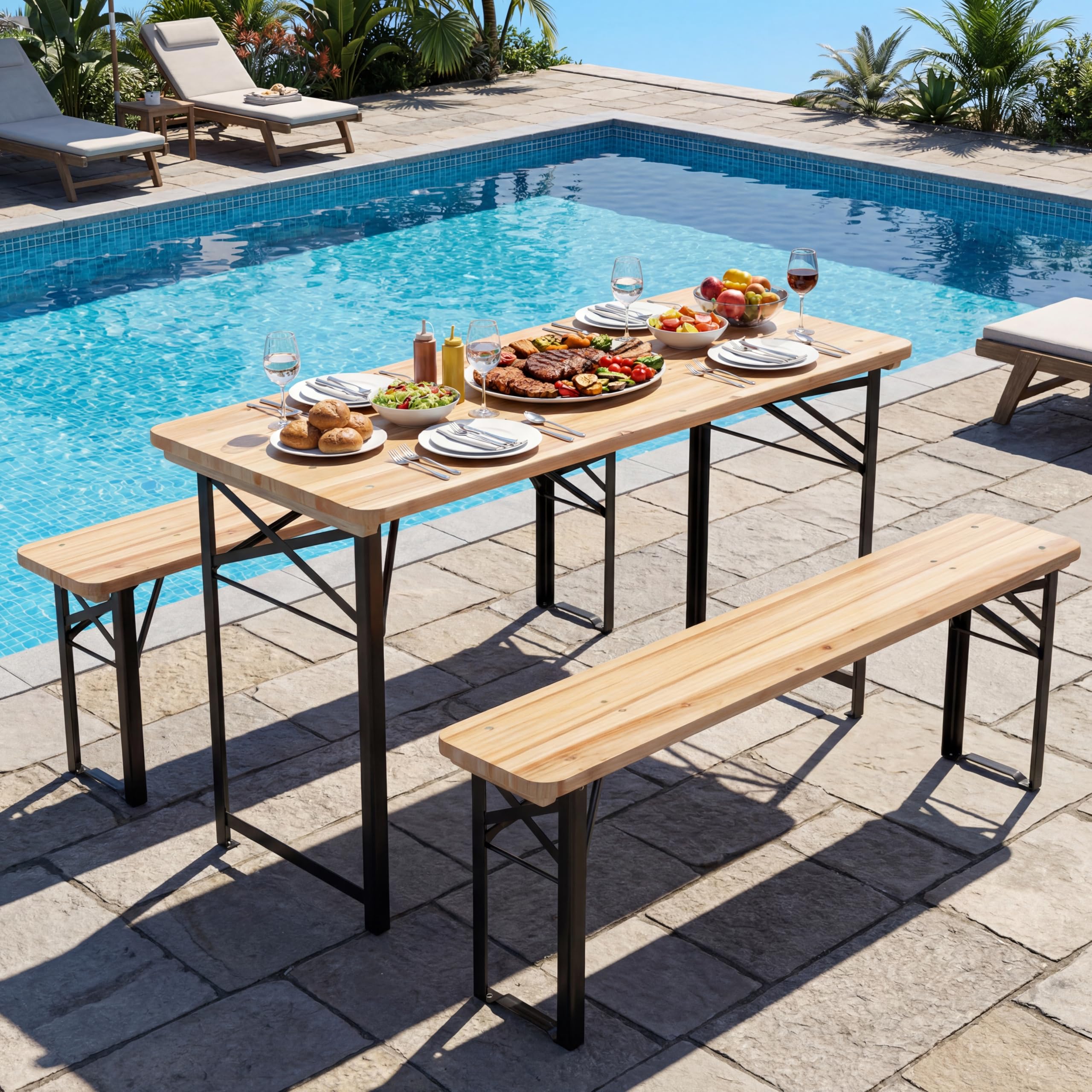 KOMFOTTEU 3-Teilige Biertischgarnitur, Bierzeltgarnitur klappbar mit Tisch & 2 Bänken, Bierbankgarnitur aus Natürlichem Tannenholz für 4 Personen, Outdoor Bierbankgarnitur for Garten, Hof & Pool