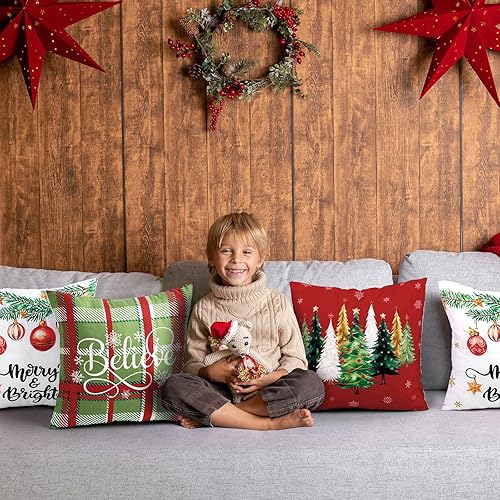 Miniatura 6 de Juego de 6 fundas de almohada rojas de Navidad de 18 x 18 pulgadas, fundas de almohada decorativas de temporada para exteriores, para sofá, porche,