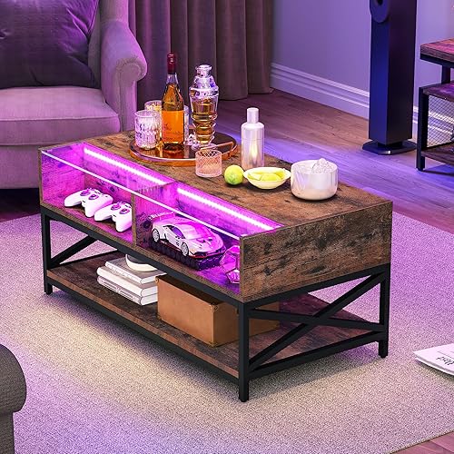Miniatura 9 de YITAHOME Mesa auxiliar elevable, mesa de centro LED con compartimento oculto y estante de almacenamiento, mesas de centro de madera para sala de