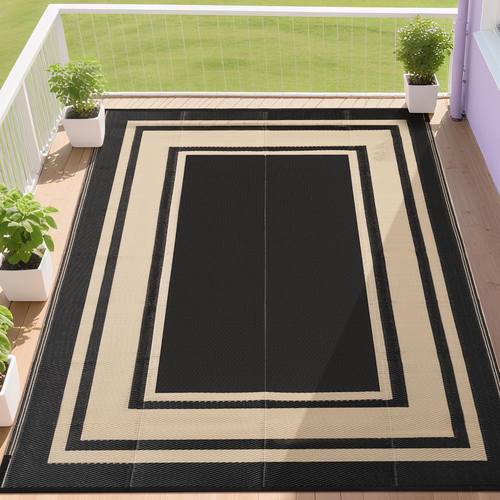 SIMILAR TO….RURALITY Outdoor Rug 9x12 Waterproof for Patio Clearance,Large Plastic Straw Mat for Camping,Porch,RV,Reversible,Black and Beige