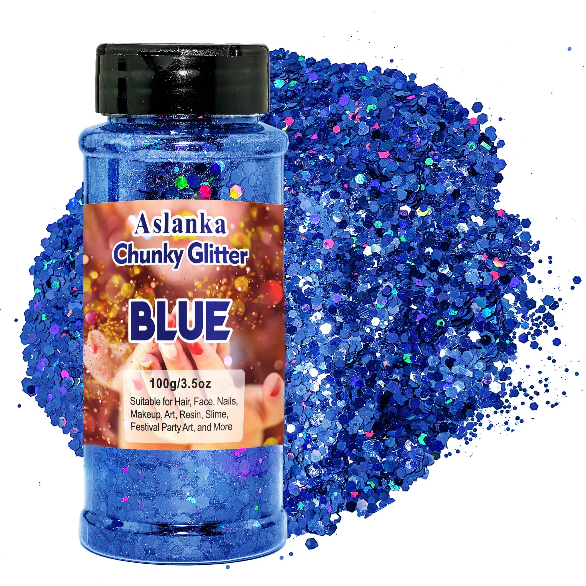 Aslanka 100g Paillettes per Unghie, Blu Paillette per Resina Epossidica, Chunky Glitter Olografico per Viso, Corpo, Occhi, Capelli, Unghie e Arte Fai da te