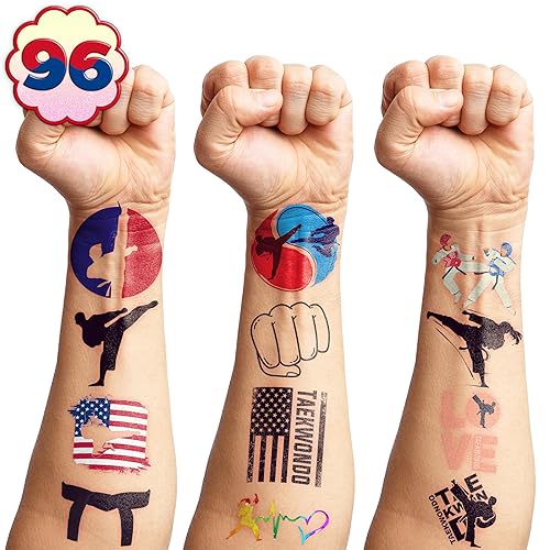 Miniatura 9 de 96 tatuajes temporales precortados de Taekwondo - Recuerdos de fiesta temática de karate y kung fu, lindos tatuajes falsos para niños, niños y