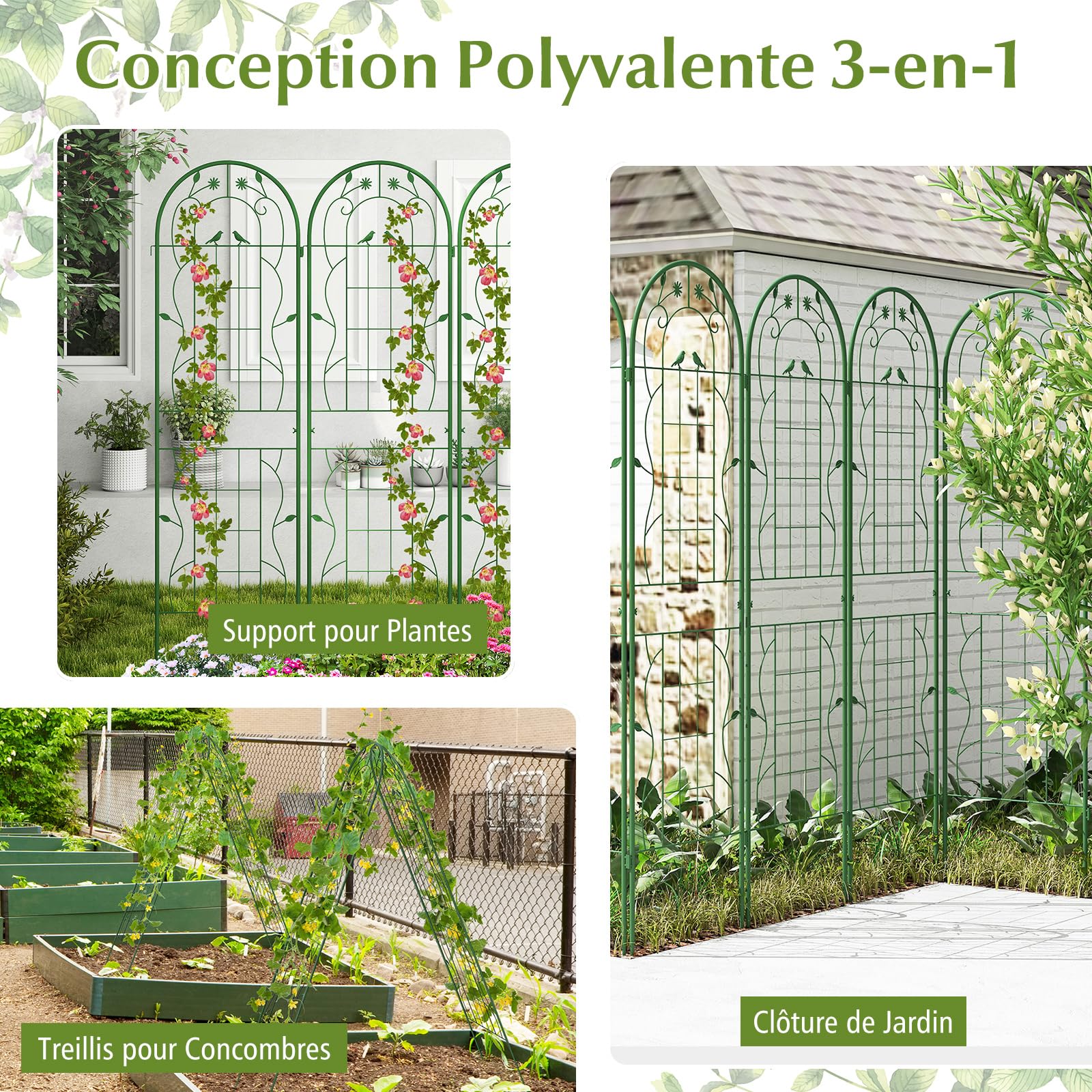 RELAX4LIFE Lot de 2/4 Treillis Plante Grimpante Exterieur, Treillis Jardin 180 CM en Métal, Support pour Plantes Grimpantes, Motif Oiseaux et Fleurs, pour Vigne Lierre Rose (Vert | 2Pcs, 180 CM)