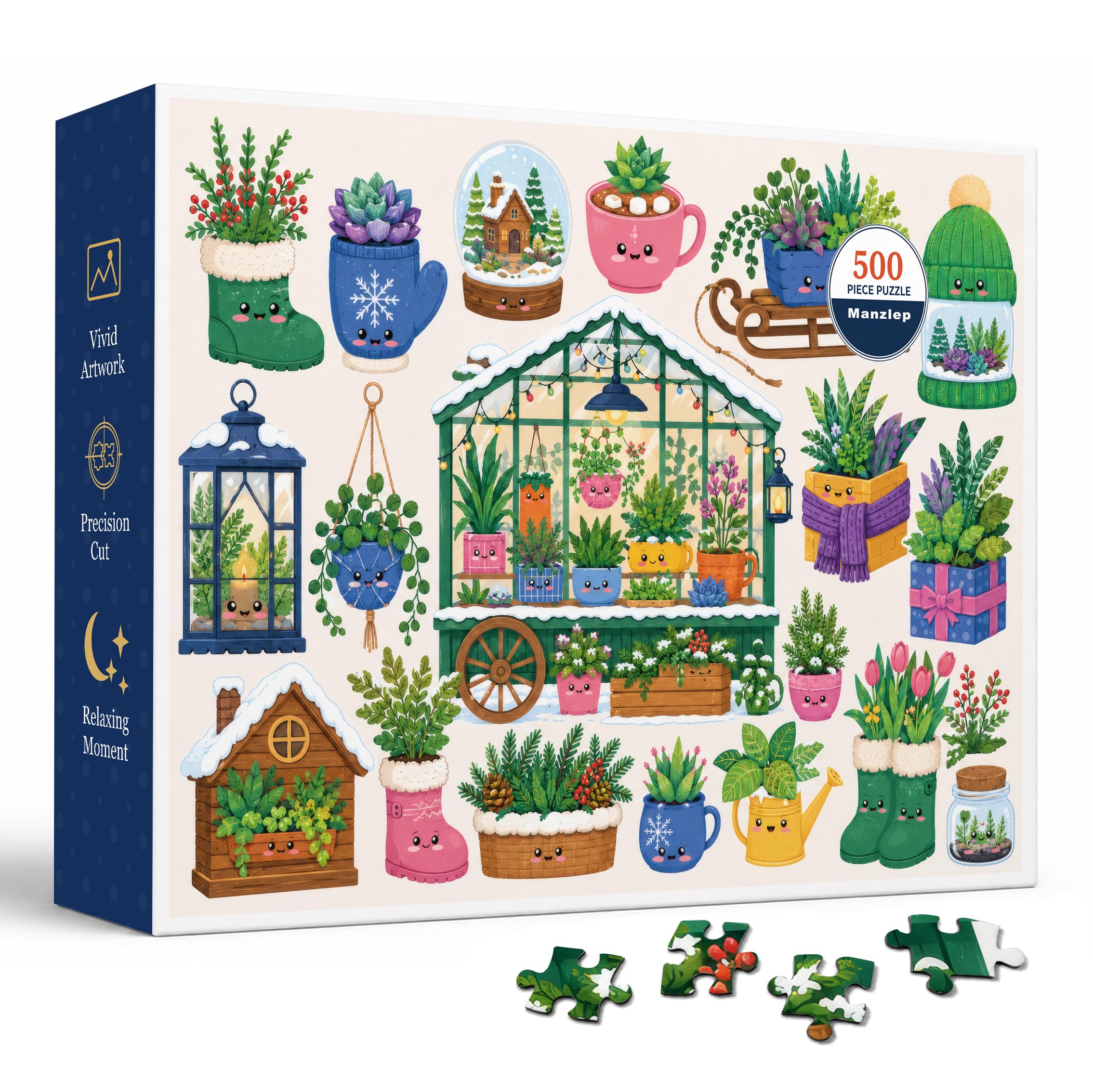 Winter Greenhouse 500 Piece Jigsaw Puzzle for Adults, Cute Botanical Plant Shop Scene with Smiling Planters, Snowy Garden Cart, Succulents, Lanterns, Cocoa Cup, Gift Boxes and Cozy Cottage Details
