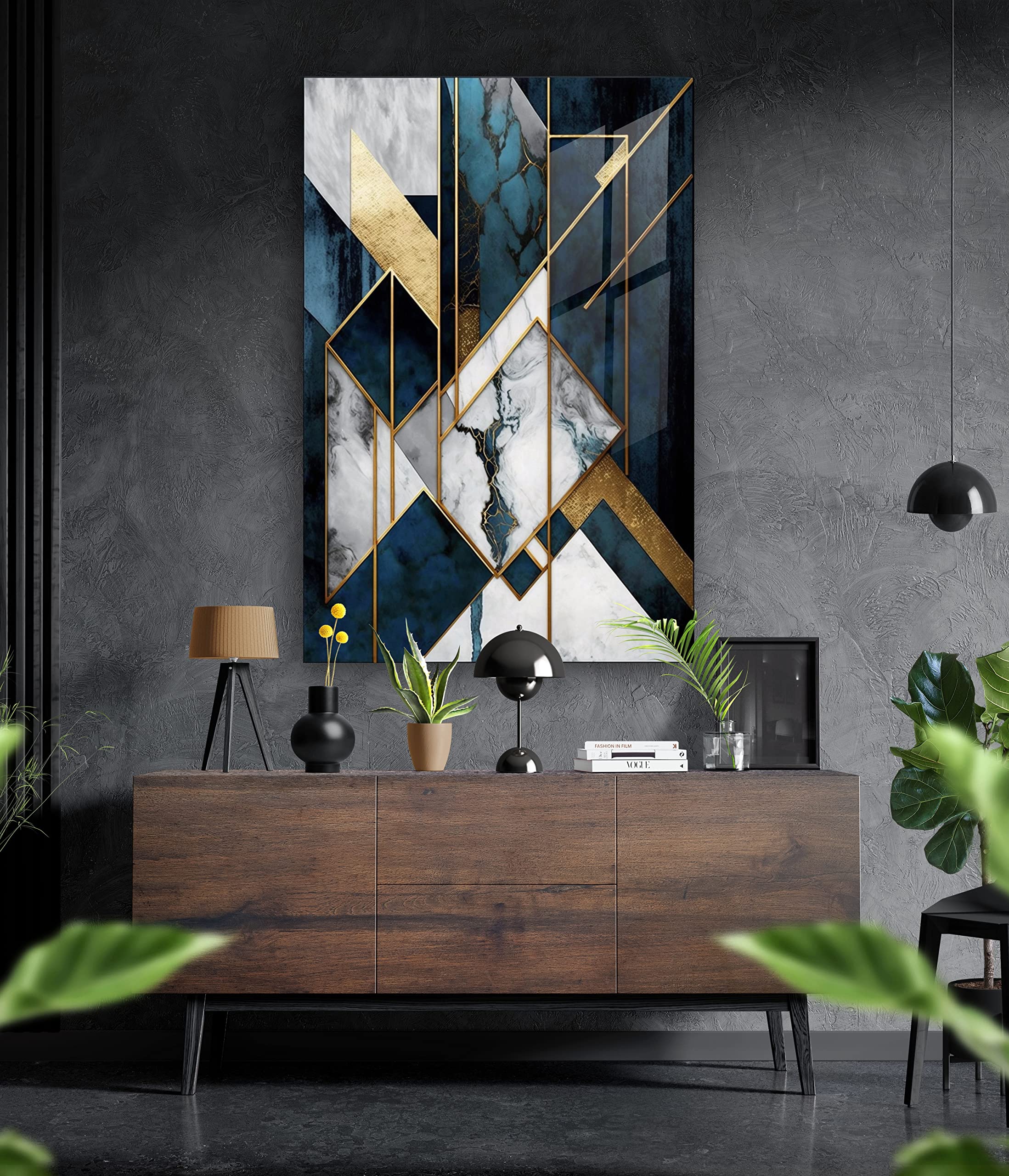 Manschin-Laserdesign Premium Wandbild aus Acrylglas oder Aluminiumverbund - KEIN LEINWANDBILD - modern Abstrakt Weiß Gold Wandbilder Wanddekoration Design (Schieferblau, Acrylglas 90x60cm)