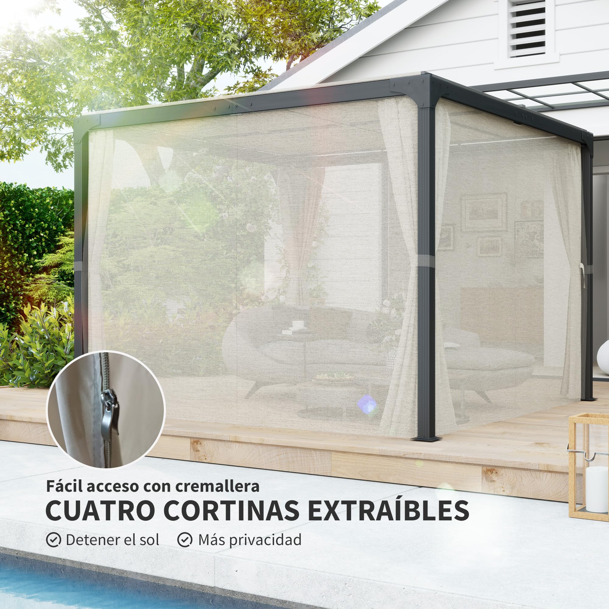 Outsunny Pérgola de Aluminio 4,2x3 m con Techo Corredizo Beige y Negro | Cenador de Jardín, Gazebo, 4 Paredes Laterales, Orificios de Drenaje, Pabellón para Patio Terraza