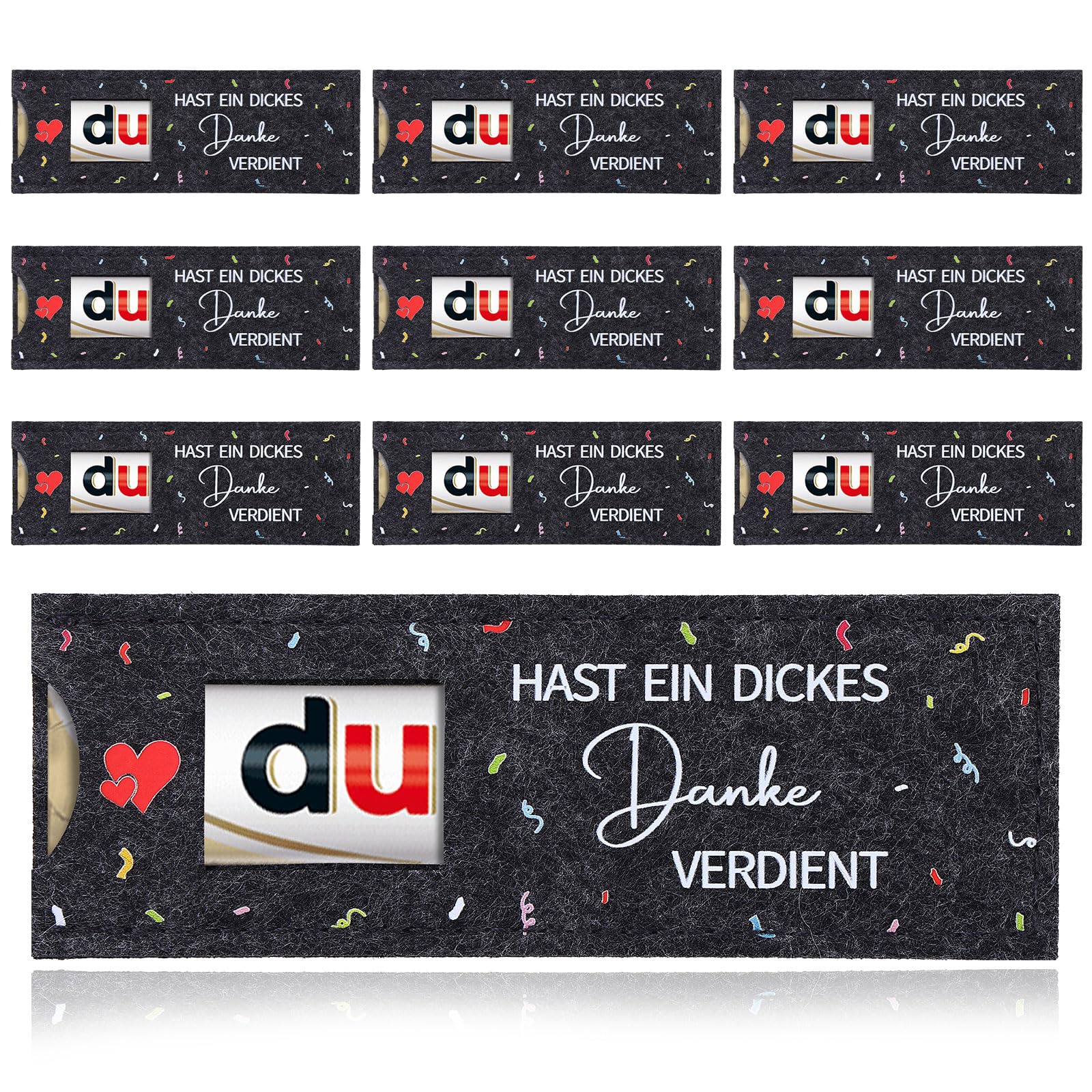 10 Stück "Du hast ein dickes Danke verdient " Gastgeschenk für Schokolade Verpackung, Hülle Filz Gastgeschenke Kommunion Konfirmation