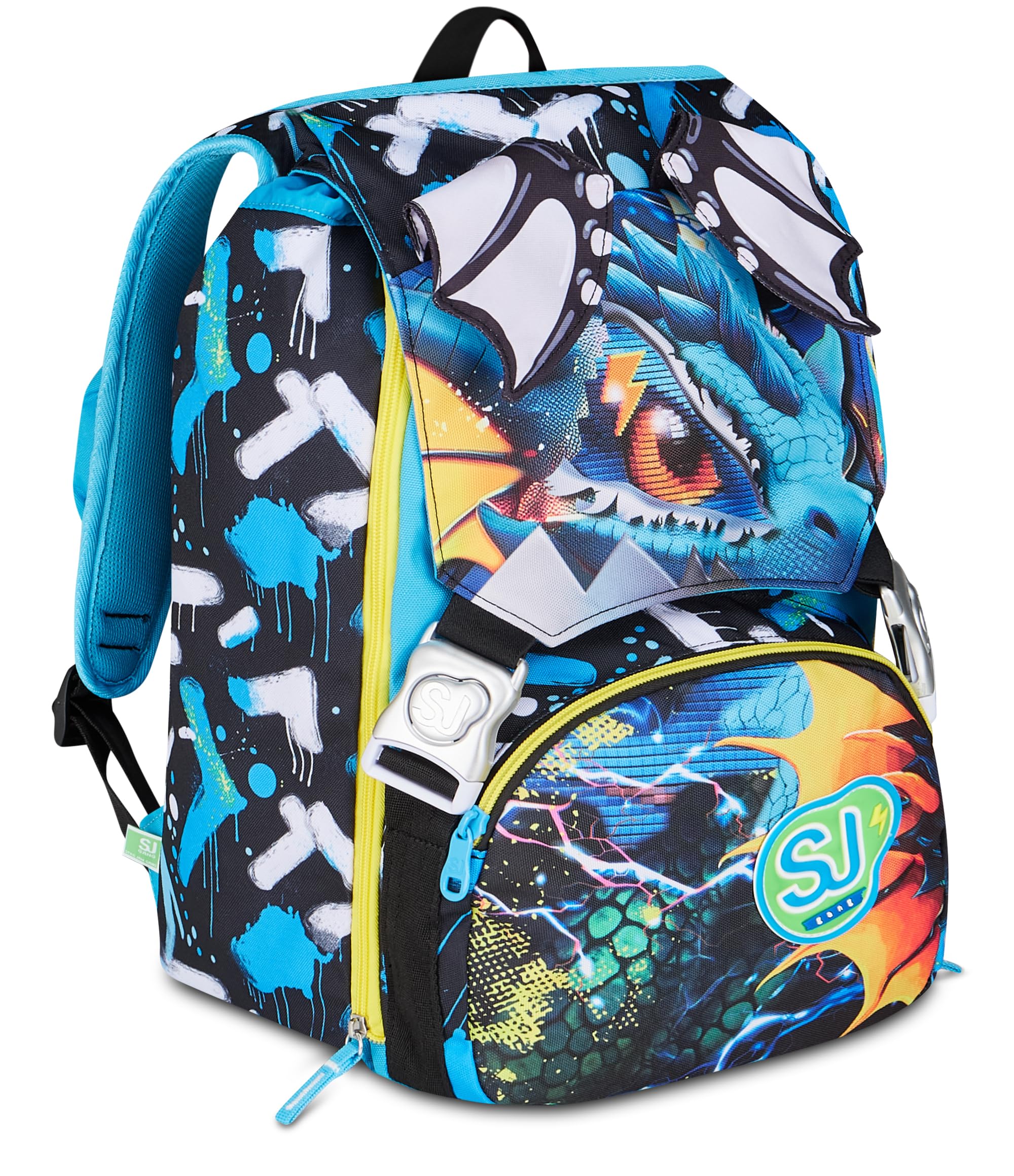 SJ GANG STYLE JAM GANG Zaino Scuola Estensibile Big METAL DRAGON BOY, Blu, 24 L, Zip laterali, ali drago sollevabili, Tasca portaborraccia, Scuola elementare e media, Bambino, Ragazzo