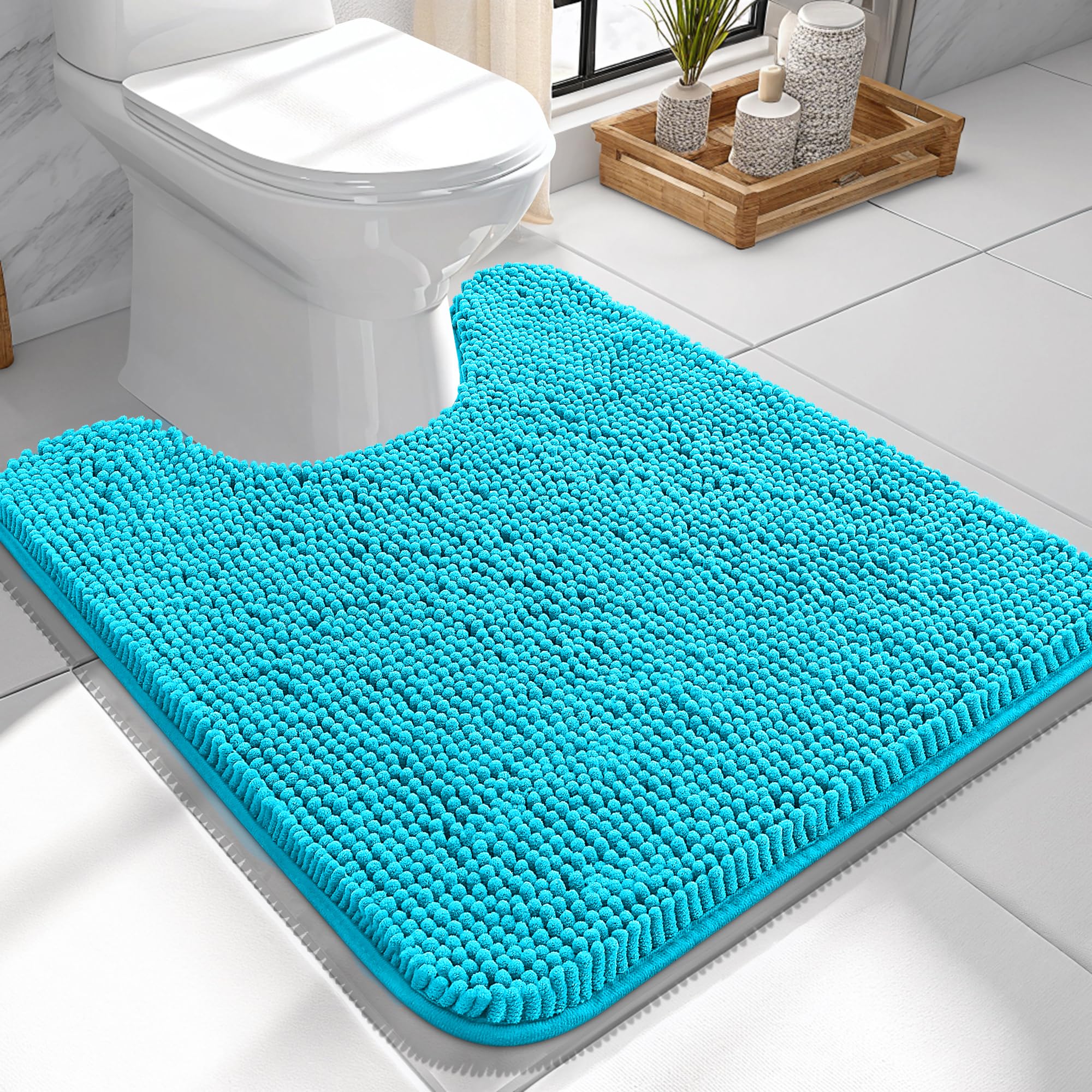 OLANLY Toilet Rugs U-Shaped 24x24, Soft Absorbent Chenille Contour Rugs | Aqua Sky, Quick-Drying Rubber Backing, Machine Washable Non-Slip Shaggy Bathroom Mat for Toilet, Home Decor Accessories